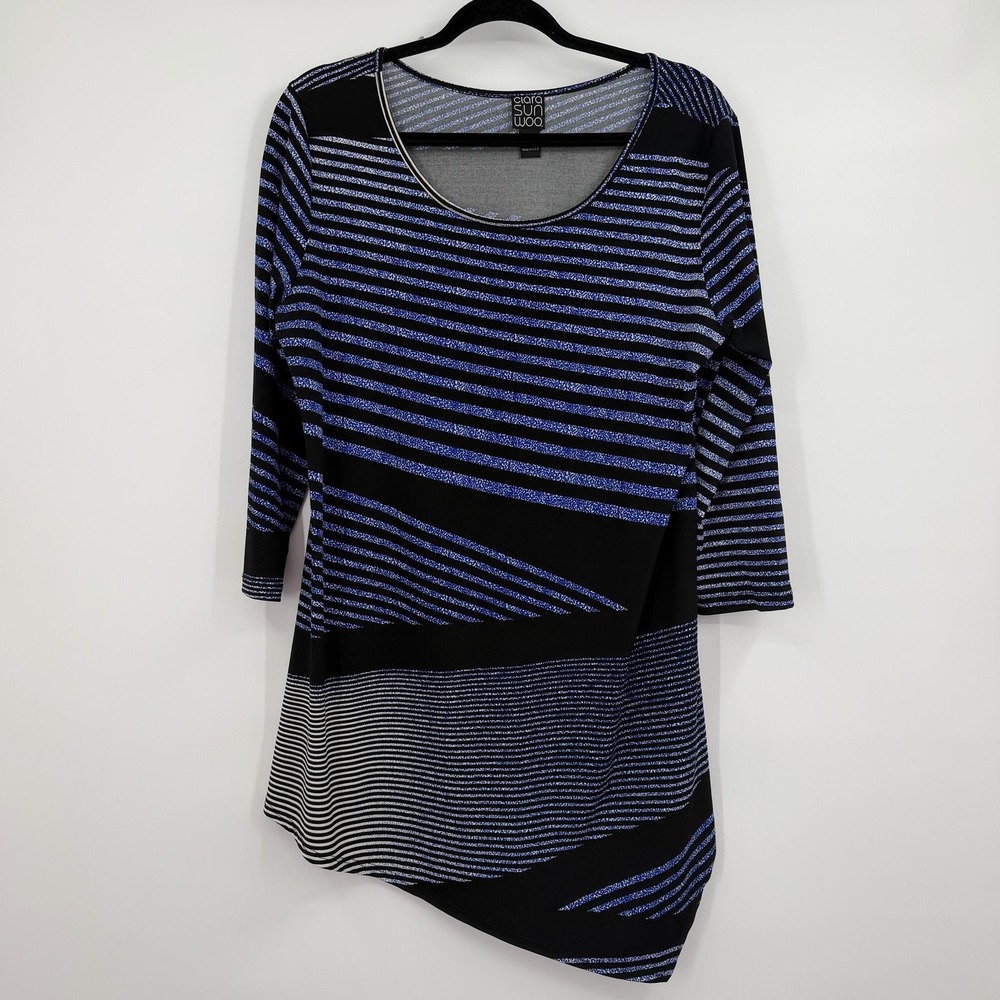Clara Sunwoo Tunic Top Womens Medium Blue Slinky 3/4 Sleeve Striped Relaxed